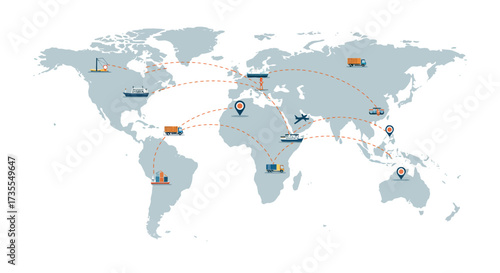 World map showing logistics routes with cargo ships planes and trucks connected by dotted lines