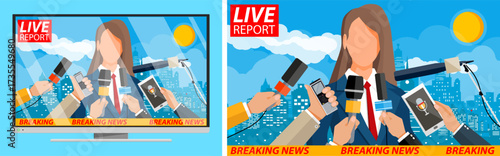 Woman giving a live report while reporters hold microphones and smart devices to record her words. News conference or interview concept for broadcast media.