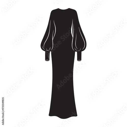 Black Silhouette of an Elegant Long Dress with Voluminous Puff Sleeves