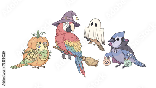 Halloween Parrot: A whimsical group of festive parrots and a small ghost bird decked out in Halloween costumes, ready to bring a touch of spooky season fun!