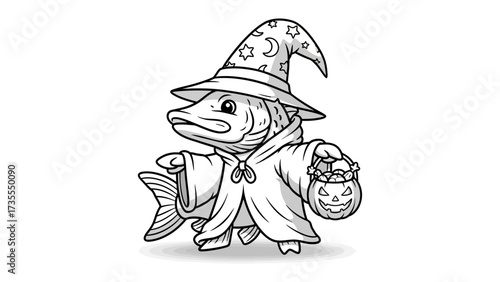 Halloween Fish: A whimsical illustration of a fish dressed as a wizard, perfectly embodies the spirit of Halloween, complete with a wizard hat and a treat bag. 