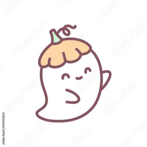 Cute pumpkin hat ghost icon. Funny little spirit wearing a little pumpkin cap. Adorable spooky character for autumn holiday decoration and halloween party design. Kawaii sticker. Vector 10 EPS.