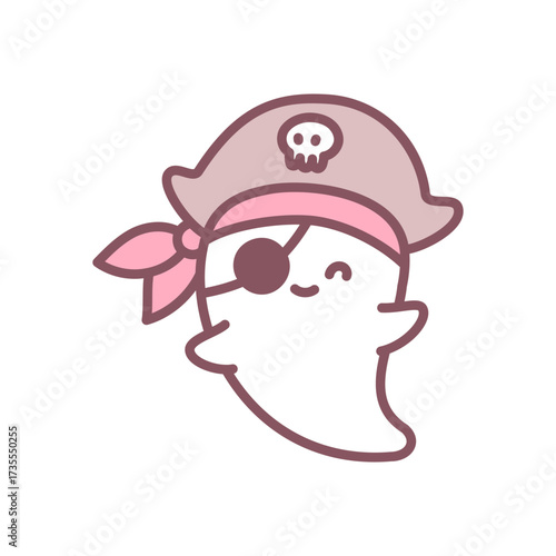 Cute pirate ghost icon. Funny spirit with pirate hat and eyepatch, playful spooky design. Doodle illustration isolated on white background. Kawaii halloween sticker. Vector 10 EPS.