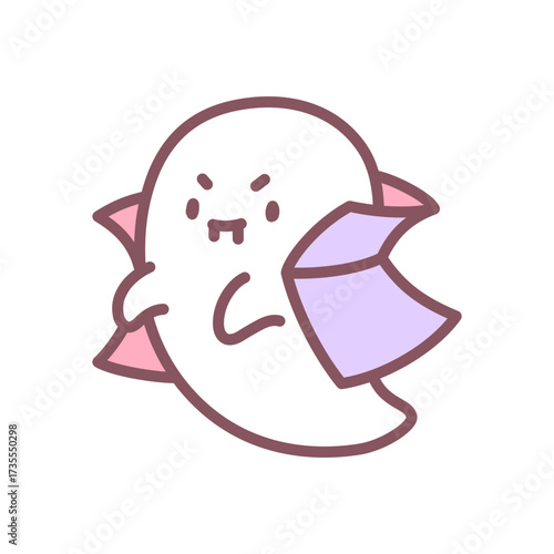 Cute vampire ghost icon. Little spirit dressed as vampire with dark cloak and fangs. Funny spooky character for halloween party design. Kawaii sticker. Vector 10 EPS.