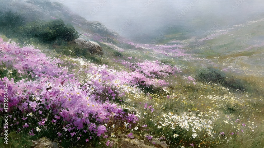 Fototapeta premium Misty floral hillside painting with vibrant pink and white blooms covering the slopes
