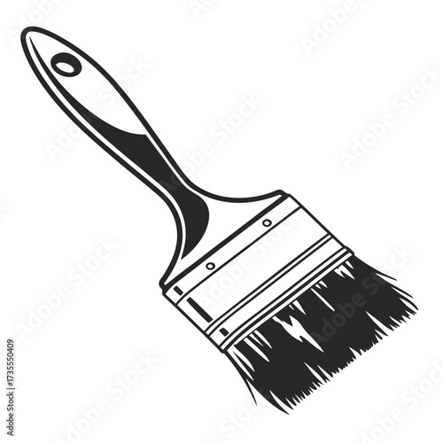 Black and white graphic illustration of a paint brush with a solid handle and detailed bristles on a white background