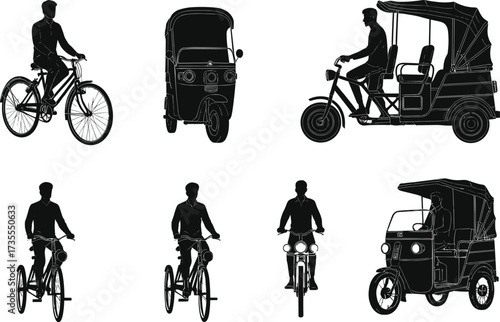 Silhouette, bicycle, rickshaw, tricycle, motorbike, transport, urban, rural, commute, vehicle, driver, canopy, front view, side view, seated, riding, mobility, Asia, street, public