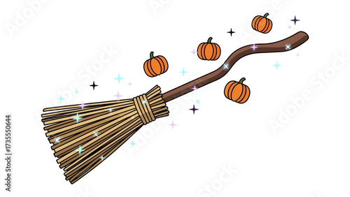 Whimsical Broom and Pumpkins: A magical broom dances through the air, trailed by charming orange pumpkins and sparkling celestial touches, celebrating autumn's enchantment.
