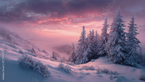 Misty winter mountain landscape with snow covered pine trees and a vibrant pink and purple sunset sky