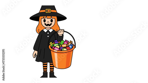 Little Witch's Halloween Treat: A charming illustration of a young witch, complete with pointy hat, and holding an orange bucket overflowing with colorful candies, epitomizing the spirit of Halloween.