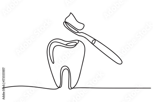 Toothbush with a paste in continuous one line art style. Dental care concept. Simple vector illustration. one line Icon drawing with white background