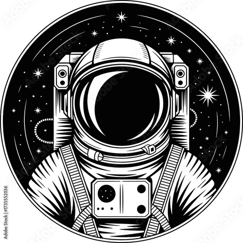 Illustrative Design of a Retro Futuristic Astronaut Helmet Surrounded by Stars and Cosmic Elements in a Circular Emblem Style
