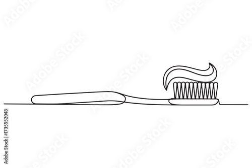 Toothbush with a paste in continuous one line art style. Dental care concept. Simple vector illustration. one line Icon drawing with white background