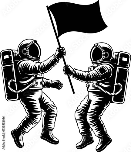 Two astronauts in a zero gravity environment raising a black flag celebrating an interstellar discovery a bold statement of exploration and achievement in outer space