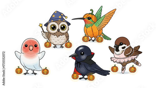 Whimsical Halloween Birdies: Adorable illustrated avian creatures donned in costumes gather for a festive Halloween, their playful appearances capturing the spirit of the holiday season. 