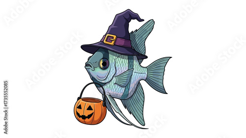 Halloween Angelfish: A charming illustration of an Angelfish, adorably dressed in a witch's hat, carrying a jack-o'-lantern bucket, and all ready for a spooky holiday celebration.