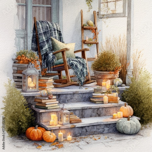 Wallpaper Mural Watercolor illustration of a cozy rustic porch scene with a rocking chair covered with a plaid blanket, decorated with candles, pumpkins and small wooden ladders with books, pumpkins and candles place Torontodigital.ca