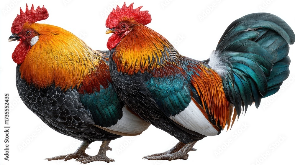 Fototapeta premium Rooster's Colorful Display: Two vibrant roosters stand in a detailed showcase of their plumage, with bright orange, red and green feathers. 