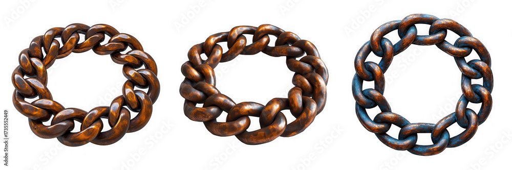 Fototapeta premium Three rustic copper chain links arranged in a circular pattern, isolated on transparent background