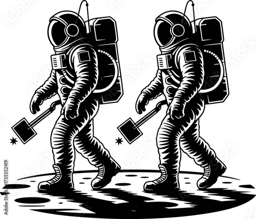 Two astronauts in spacesuits walking on the lunar surface holding tools creating a striking visual of space exploration and scientific endeavor