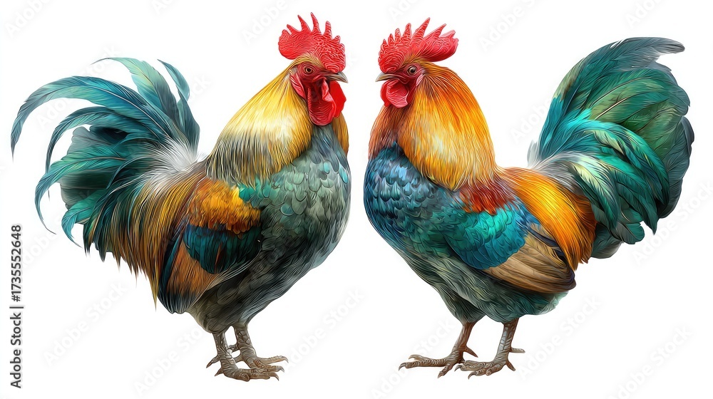 Fototapeta premium Radiant Duo: Two roosters showcase their vibrant plumage. The sun-kissed fowl stand proud, illustrating their distinctive colors. A celebration of poultry excellence.