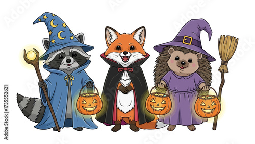 Whimsical Halloween Characters: A charming illustration featuring a raccoon wizard, a fox vampire, and a hedgehog witch, each holding a jack-o'-lantern, radiating playful Halloween spirit.