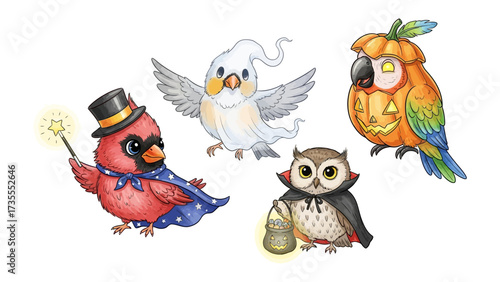 Halloween Birds Illustrations: Festive illustration of five adorable birds dressed up in Halloween costumes, embodying the spirit of autumn and fun.