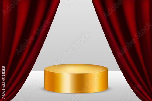 Golden podium against the background of red curtains. Can be used for product demonstration. Realistic vector illustration.