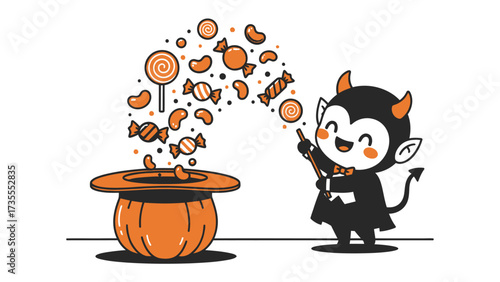 A Playful Devil: Whimsical illustration of a cute devil conjuring candy. a vibrant celebration of Halloween magic.