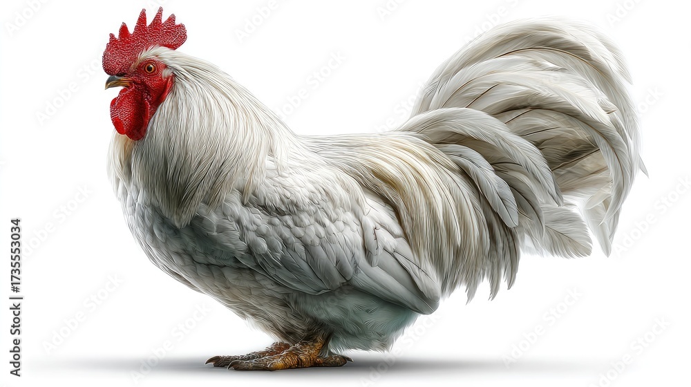 Fototapeta premium Majestic Rooster: Capturing the elegance and vibrant colors of a white rooster, this image showcases the animal's proud posture and striking features, including its fiery red comb and wattle. 