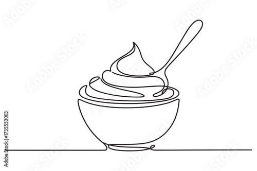 Whipped cream in a bowl in continuous one line art style. Simple vector illustration. one line Icon drawing with white background