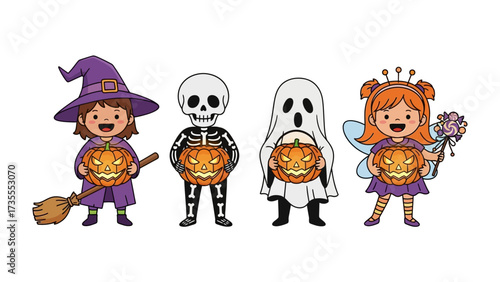 Halloween Characters Holding Pumpkin Lanterns: Capturing the playful spirit of Halloween, featuring whimsical characters in costumes, each holding a carved pumpkin lantern.