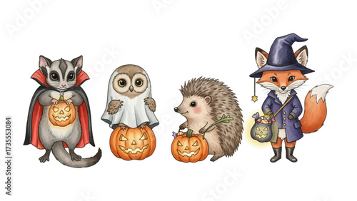 Halloween Animal Characters: A charming ensemble of Halloween-themed animal characters, including a Sugar Glider, Owl, Hedgehog, and Fox.