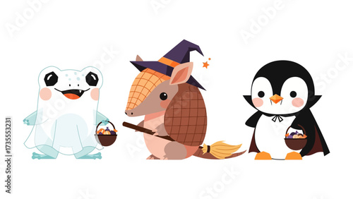 Spooky Companions: A heartwarming illustration of an Armadillo witch, frog ghost and Penguin, all dressed for Halloween, inviting a sense of innocent fun. 