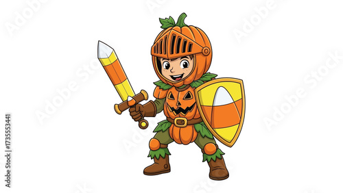 Halloween Knight: A cartoon illustration of a jovial figure donning a whimsical pumpkin knight costume, wielding a candy corn sword and shield, embodying festive spirit.
