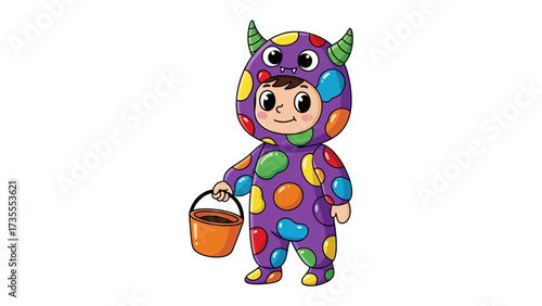 Playful Costume Delight: A charming child, clad in a colorful and imaginative monster costume, cheerfully carries a small pail, ready for a delightful adventure.