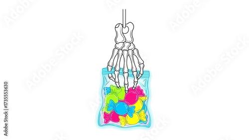 A Skeletal Grasp of Sweets: An artistic depiction of a skeletal hand firmly gripping a bag of colorful candies suspended in mid-air.