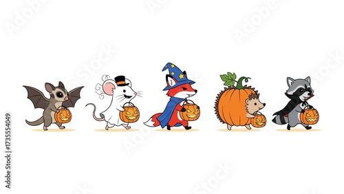 Cute Halloween Parade: Adorable animal characters in festive costumes happily march in a vibrant Halloween parade, each holding a carved pumpkin.