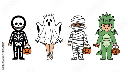 Whimsical Halloween Squad: A charming illustration featuring a delightful quartet of kids in whimsical Halloween costumes, poised for trick-or-treating, with a playful pumpkin pail.