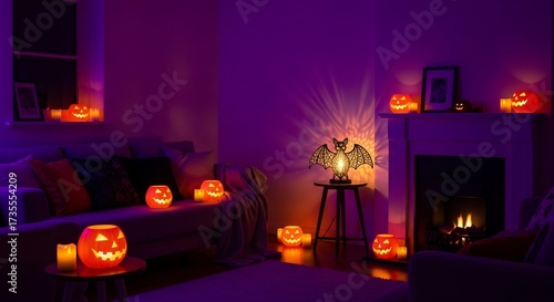 Spooky room with jackolanterns bat lamp fireplace couch creating Halloween atmosphere