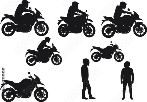 Silhouette of motorcycle riders and standing figures, side view posture, urban mobility, transportation concept, biker lifestyle, human motion study