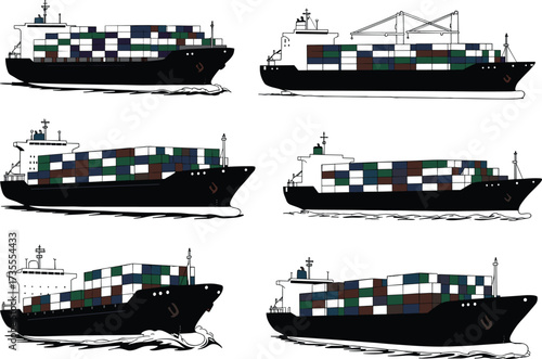 Container ships loaded with colorful cargo containers, maritime logistics, global shipping industry, ocean freight transport, commercial vessel illustration set