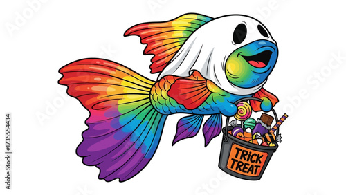Halloween Fish with Trick or Treat Basket: A whimsical illustration depicts a vibrantly colored fish, transformed into a Halloween character with a ghostly costume.