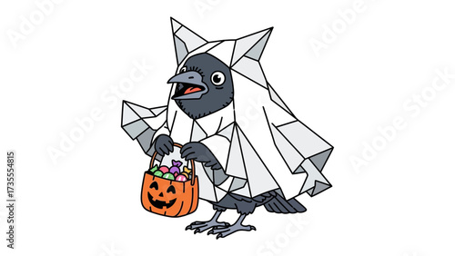 Festive Raven's Halloween Adventure: An artful illustration of a raven, clad in a Halloween costume, embarks on a trick-or-treat journey, ready for candy, joy, and spooky celebration.
