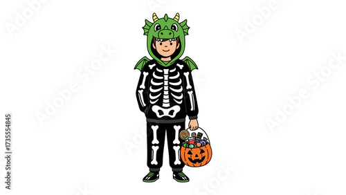 Spooky Costume: A young person dressed in a dragon costume and skeleton costume, ready to collect treats on Halloween night.