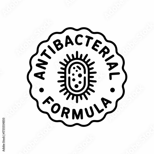 Antibacterial Formula Black Line Wavy Round Stamp Vector - Hygiene and Germ Protection Icon with Bacteria