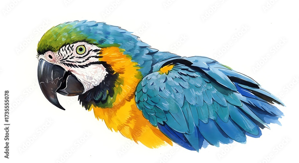 Obraz premium Vibrant blue and yellow macaw parrot portrait against white background