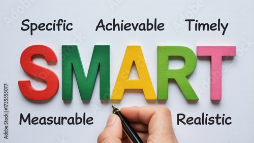 SMART goals acronym colorful letters hand holding pen business concept