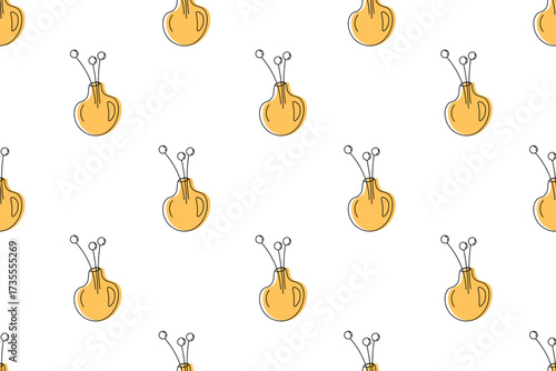 Elegant seamless natural pattern with flowers and vases on  white background. Doodle elements, line art. Light brown vase and black flower. For wallpaper, textiles, packaging, websites or backgrounds.