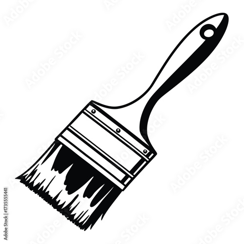 Black and white illustration of a paint brush with a long handle and bristles on a white background Keywords: paint brush, paintbrush, tool, art, artist, painting, drawing, craft, DIY, home